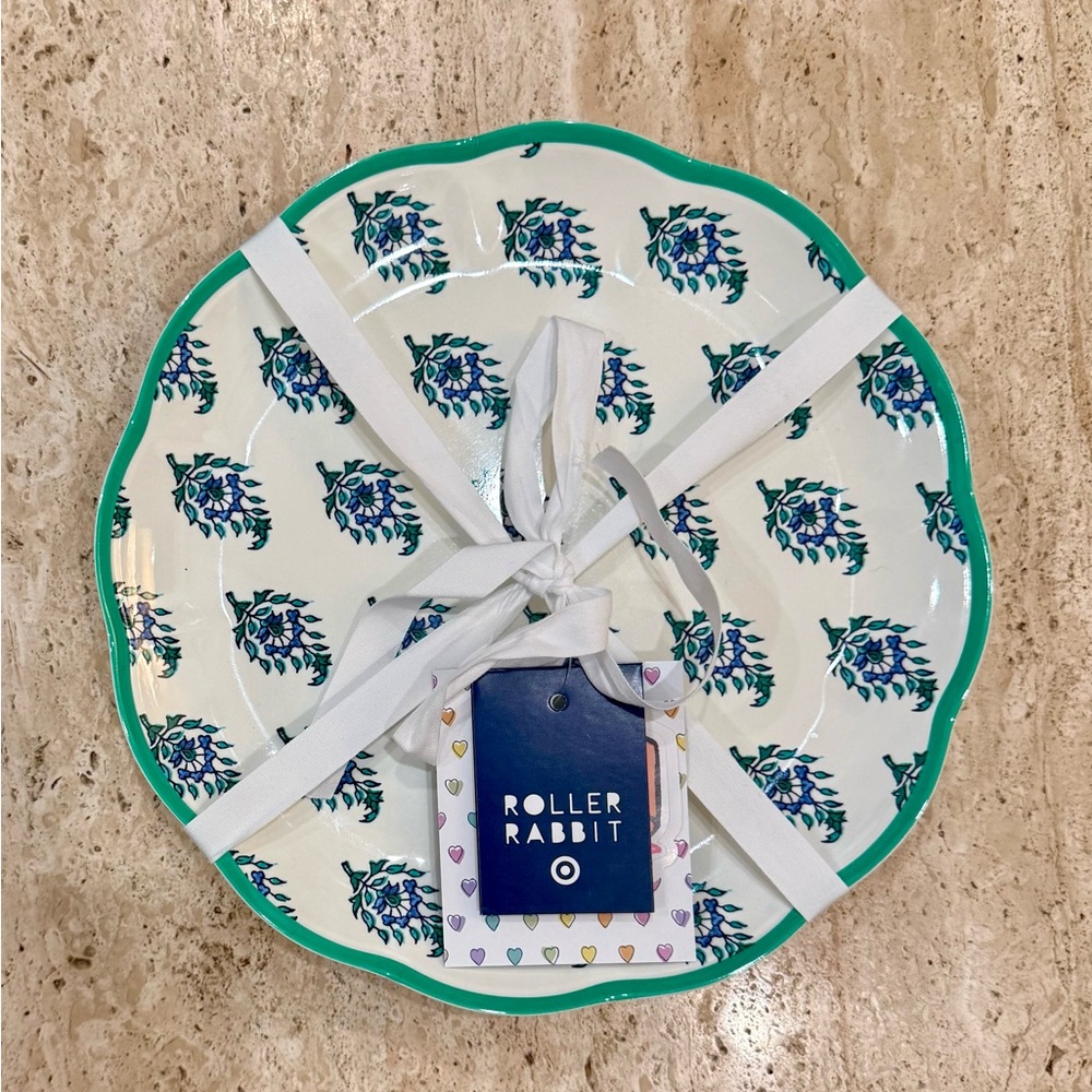 Roberta Roller Rabbit 9” Melamine Salad Plates Green Trim, Blue Floral Pattern